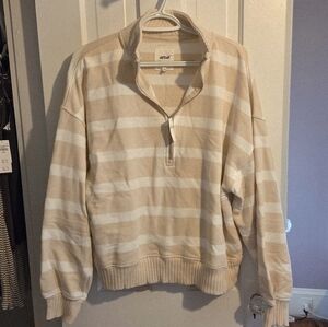 aerie Quarter-Zip Striped Sweatshirt in Beige and White